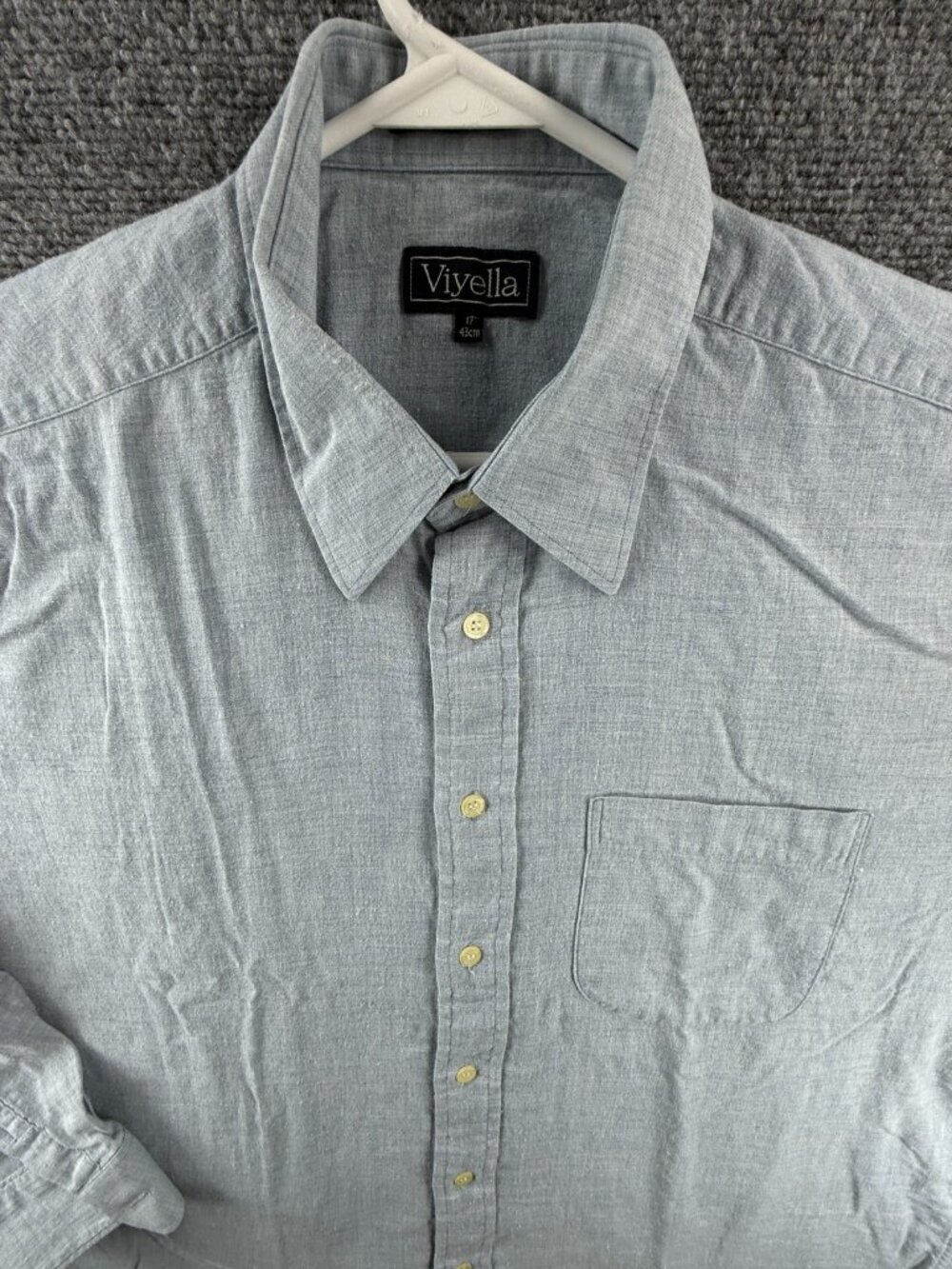 Viyella 17 Wool Cotton Point Blue Mens Long Sleeve Solid Button Up Pocket Shirt